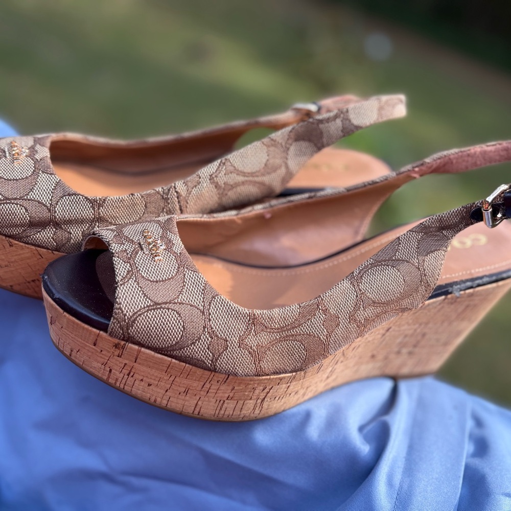 Coach Brown Patterned Wedge Sandals